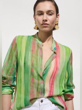 NWT Mango Multicolor Watercolor Stripe Green Blouse SEMI-TRANSPARENT PRINTED